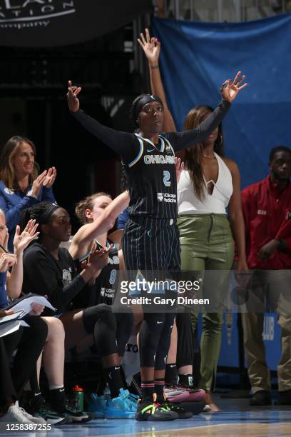 Kahleah Copper of the Chicago Sky celebrates a play during the game against the New York Liberty on June 2, 2023 at the Wintrust Arena in Chicago,...