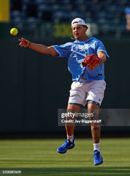 Quarterback Patrick Mahomes during the Big Slick Celebrity Softball Game prior to a game between the Colorado Rockies and the Kansas City Royals at...