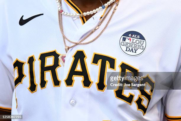 Detailed view of a jersey of Rodolfo Castro of the Pittsburgh Pirates honoring Lou Gehrig Day during the game against the St. Louis Cardinals at PNC...