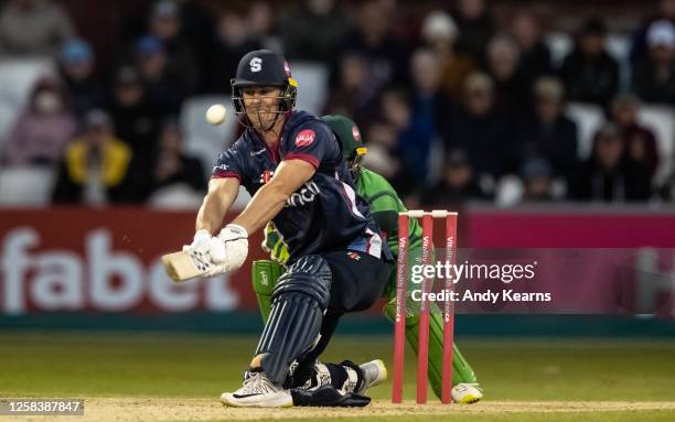 Chris Lynn of Northamptonshire Steelbacks pulls the ball away to reach his century during the Vitality Blast T20 match between Northamptonshire...