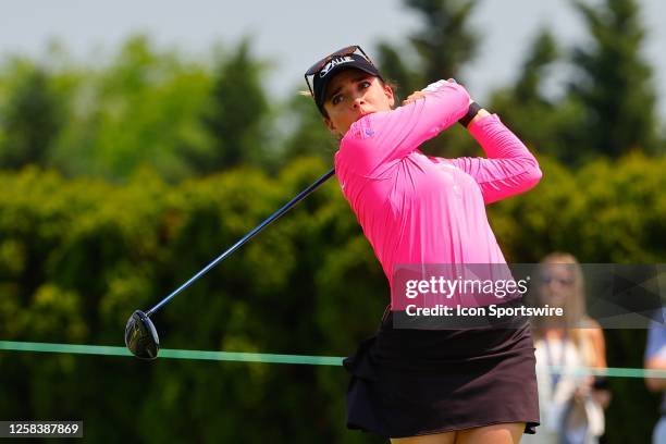 Gabby Lopez of Mexico tees of at the first hole during the second round of the LPGA Mizuho Americas Open at Liberty National Golf Club on June 2,...