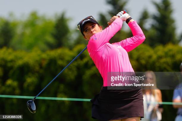 Gabby Lopez of Mexico tees of at the first hole during the second round of the LPGA Mizuho Americas Open at Liberty National Golf Club on June 2,...