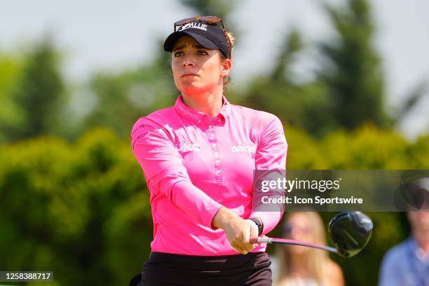 Gabby Lopez of Mexico tees of at the first hole during the second round of the LPGA Mizuho Americas Open at Liberty National Golf Club on June 2,...