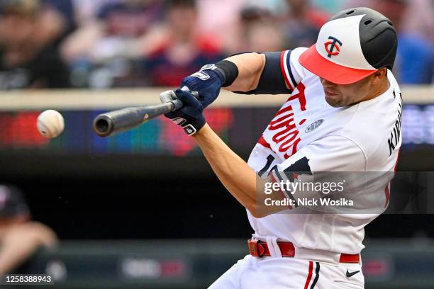 Alex Kirilloff of the Minnesota Twins hits a double off of Aaron Civale of the Cleveland Guardians during the first inning at Target Field on June 2,...