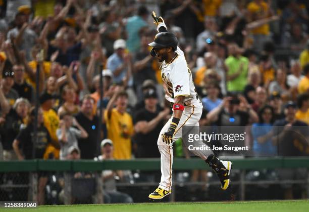Josh Palacios of the Pittsburgh Pirates celebrates after hitting his first career home run during the seventh inning against the St. Louis Cardinals...