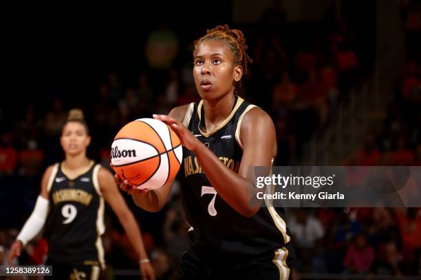 Ariel Atkins of the Washington Mystics prepares to shoot a free throw during the game against the Dallas Wings on June 2, 2023 at Entertainment &...