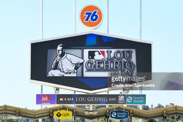 The scoreboard shows a graphic for Lou Gehrig day before the MLB game between the New York Yankees and the Los Angeles Dodgers on June 2, 2023 at...