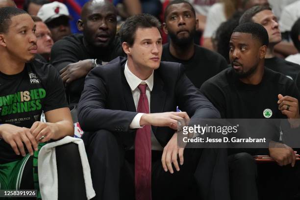 Danilo Gallinari of the Boston Celtics sits on the bench during the game against the Miami Heat on May 27, 2023 at the Kaseya Center in Miami,...