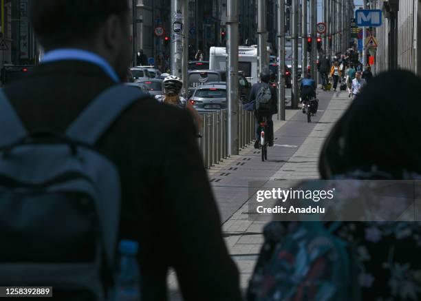 Cyclists are seen on one of the main cycle paths in the center of Brussels, Belgium on June 2, 2023. World Bicycle Day, declared by the United...