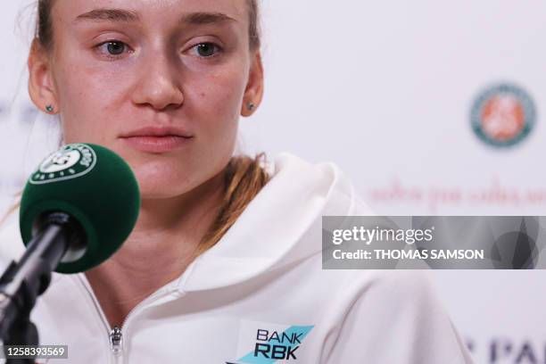 Kazakhstan's Elena Rybakina addresses a press conference on day seven of the Roland-Garros Open tennis tournament in Paris on June 3, 2023. World...