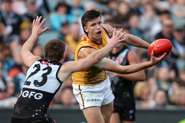 Mitch Lewis of the Hawks and Dylan Williams of the Power during the 2023 AFL Round 12 match between the Port Adelaide Power and the Hawthorn Hawks at...