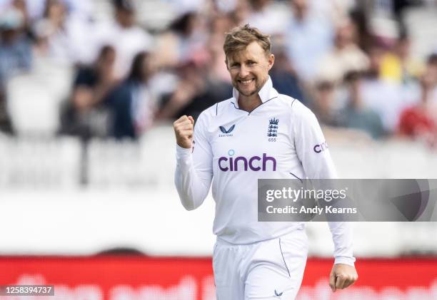 Joe Root of England celebrates after taking the wicket of Curtis Campher of Ireland during the LV= Insurance Test Match: Day Three between England...