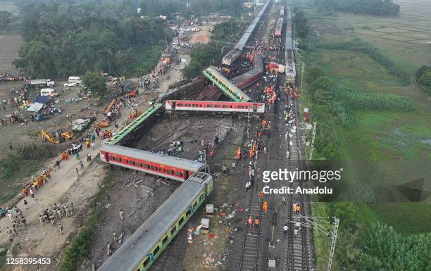 An aerial view of Force Rescue continues work at the site of a train accident at Odisha, Balasore, India, 03 June 2023. Over 290 people died and more...