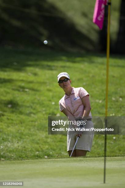 Karrie Webb of Australia plays a pitch shot during the third round of the Evian Masters at the Evian Resort Golf Club on July 22, 2005 in...