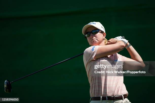 Karrie Webb of Australia drives off the tee on the 6th hole during the third round of the Evian Masters at the Evian Resort Golf Club on July 22,...