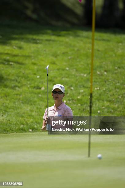 Karrie Webb of Australia reacts after nearly pitching in during the third round of the Evian Masters at the Evian Resort Golf Club on July 22, 2005...