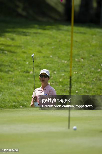 Karrie Webb of Australia reacts after nearly pitching in during the third round of the Evian Masters at the Evian Resort Golf Club on July 22, 2005...