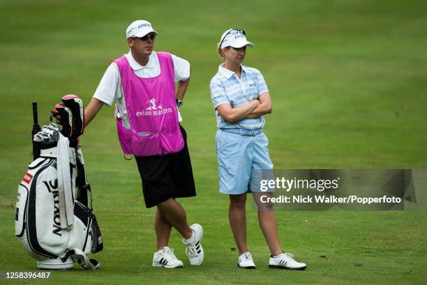 Karrie Webb of Australia waits to play her next shot during the final round of the Evian Masters at the Evian Resort Golf Club on July 23, 2005 in...