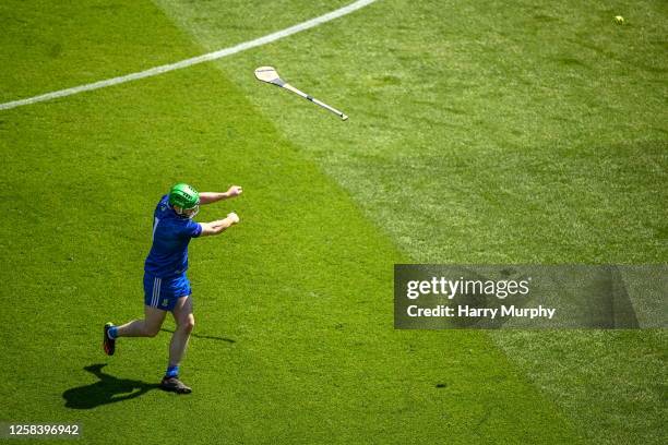 Dublin , Ireland - 3 June 2023; Monaghan goalkeeper Hugh Byrne loses his hurl as he takes a puck out during the Lory Meagher Cup Final match between...