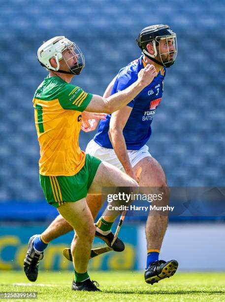 Dublin , Ireland - 3 June 2023; Ronan McDermott of Donegal breaks the hurl of Andrew Kavanagh of Wicklow with his foot during the Nickey Rackard Cup...