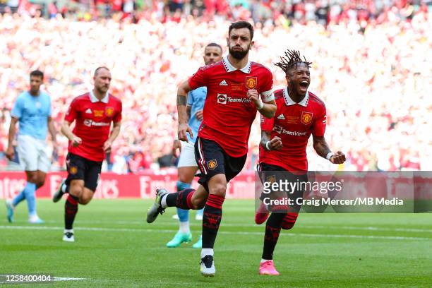 Bruno Fernandes of Manchester United celebrates scoring his side's first goal from the penalty spot during the Emirates FA Cup Final between...