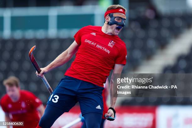 Great Britain's Sam Ward celebrates scoring their side's first goal of the game during the FIH Hockey Pro League match at Lee Valley, London. Picture...