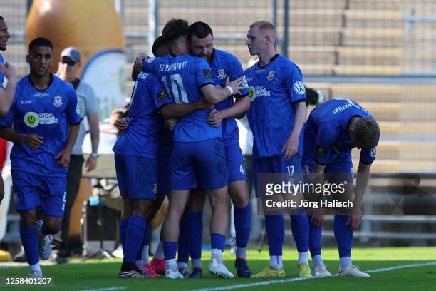Cas Peters of FSV Frankfurt celebrates after scoring with him Team the 1:0 at PSD Bank Arena on June 3, 2023 in Frankfurt am Main, Germany.