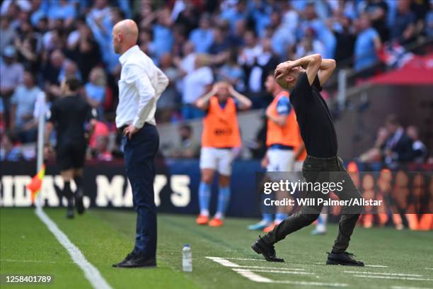 Pep Guardiola, Manager of Manchester City thought they had scored 3 but the goal is ruled out for offside during the Emirates FA Cup Final match...