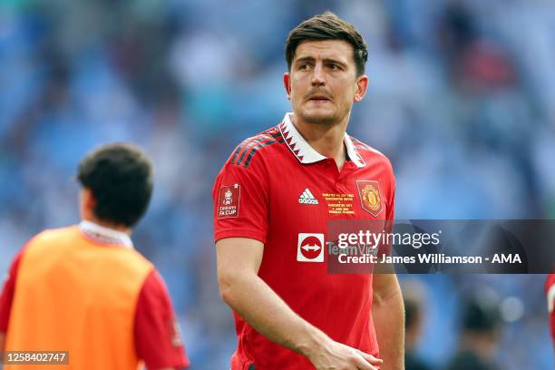 Harry Maguire of Manchester United reacts at the final whistle after losing 2-1 during the Emirates FA Cup Final match between Manchester City and...