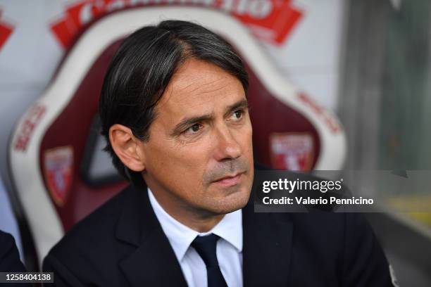 Internazionale head coach Simone Inzaghi looks on during the Serie A match between Torino FC and FC Internazionale at Stadio Olimpico di Torino on...