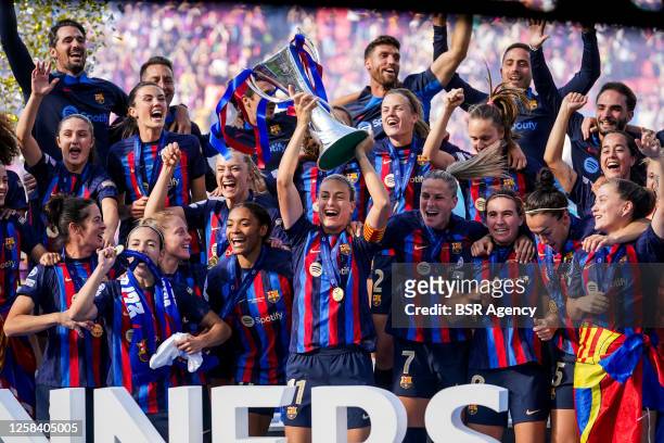 Alexia Putellas of FC Barcelona lifts up the UEFA Women's Champions League trophy after the UEFA Women's Champions League Final match between FC...