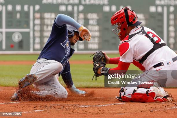 Wander Franco of the Tampa Bay Rays is tagged out at home by catcher Reese McGuire of the Boston Red Sox during the first inning at Fenway Park on...