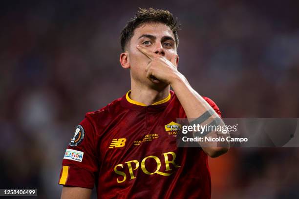 Paulo Dybala of AS Roma celebrates after scoring the opening goal during the UEFA Europa League final football match between Sevilla FC and AS Roma....
