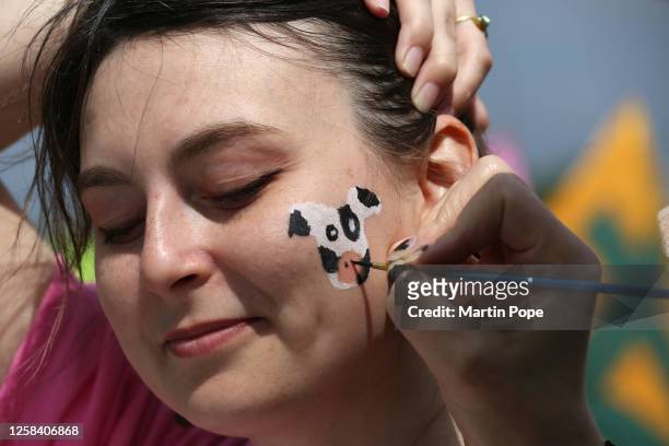An Animal Rising supporter has a cow painted on her face on June 3, 2023 in Epsom, England. Protesters from Animal Rising want to highlight the...