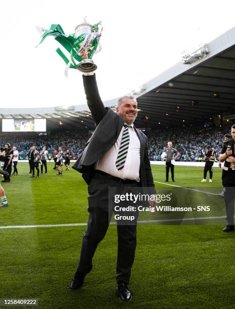 Celtic Manager Ange Postecoglou lifts the Scottish Cup during a Scottish Cup final match between Celtic and Inverness Caledonian Thistle at Hampden...