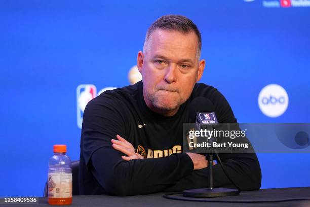 Head Coach Michael Malone of the Denver Nuggets speaks to the media during 2023 NBA Finals Practice and Media Availability on June 3, 2023 at the...