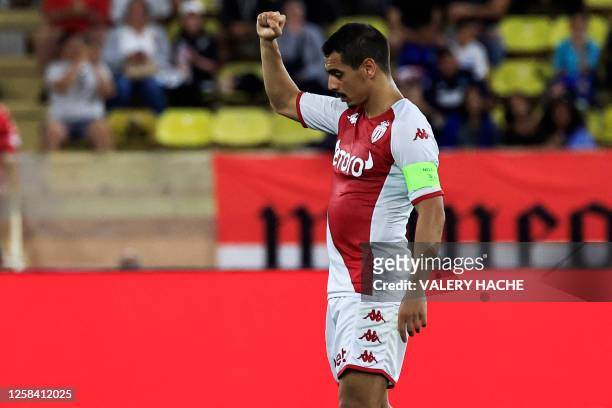 Monaco's French forward Wissam Ben Yedder celebrates after scoring his team's first goal during the French L1 football match between AS Monaco and...