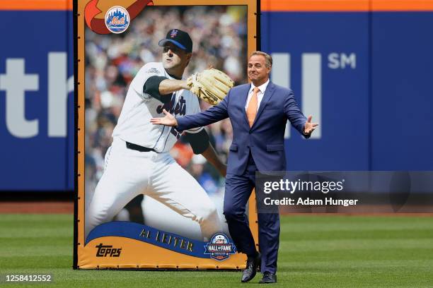 Al Leiter reacts as he is introduced during a New York Mets Hall of Fame induction ceremony before the game against the Toronto Blue Jays at Citi...