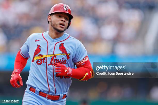 St. Louis Cardinals catcher Willson Contreras rounds the bases after a solo home run to right center in the second inning of an MLB game against the...