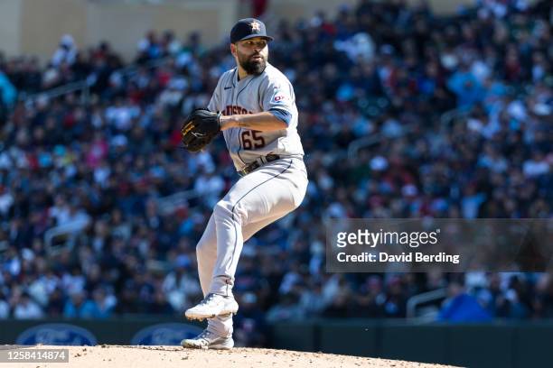 Jose Urquidy of the Houston Astros pitches during the game between the Houston Astros and the Minnesota Twins at Target Field on Friday, April 7,...