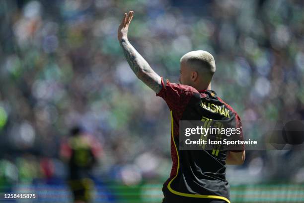 Seattle Sounders midfielder Albert Rusnák reacts after a bad pass during an MLS game between the Portland Timbers and the Seattle Sounders on June 3,...