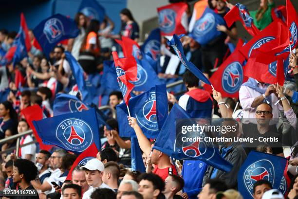 Fans of Paris Saint-Germain in action during the French Ligue 1 soccer match between Paris Saint-Germain and Clermont Foot 63 at Parc des Princes...