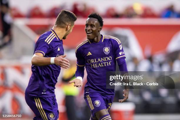 Ivan Angulo of Orlando City celebrates his goal in the first half of the Major League Soccer match against New York Red Bulls at Red Bull Arena on...