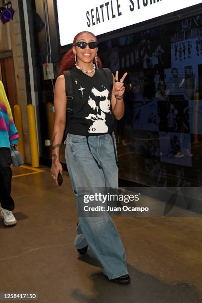 Arella Guirantes of the Seattle Storm arrives to the arena before the game against the Los Angeles Sparks on June 3, 2023 at Crypto.Com Arena in Los...