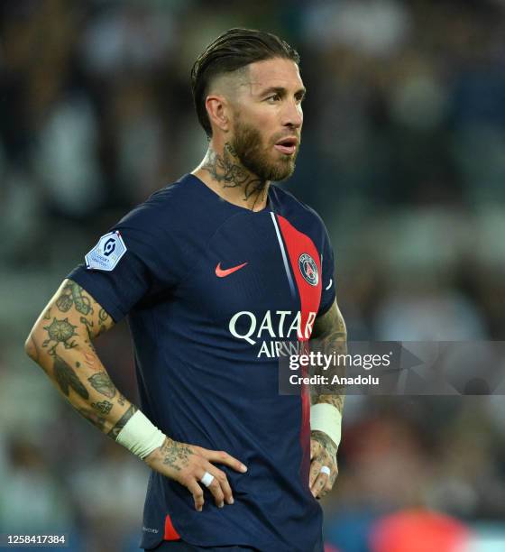 Sergio Ramos of Paris Saint - Germain in action during the French Ligue 1 soccer match between Paris Saint-Germain and Clermont Foot 63 at Parc des...