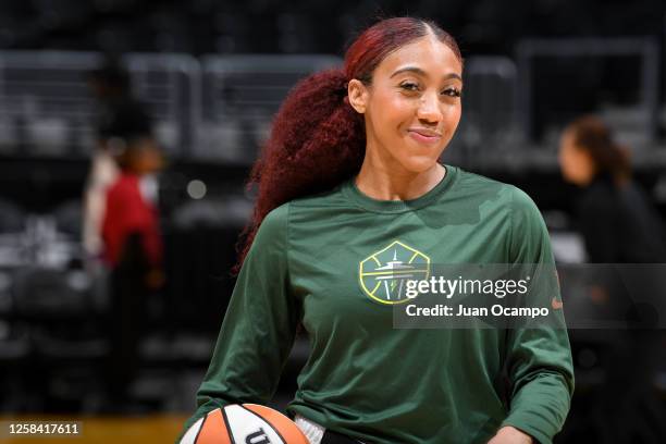 Arella Guirantes of the Seattle Storm smiles before the game against the Los Angeles Sparks on June 3, 2023 at Crypto.Com Arena in Los Angeles,...