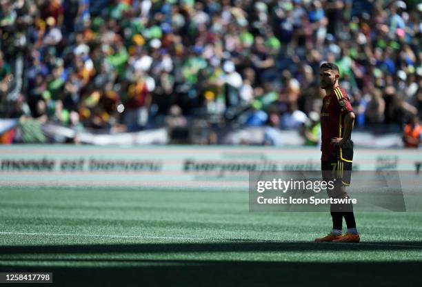 Seattle Sounders midfielder Cristian Roldan looks on during an MLS game between the Portland Timbers and the Seattle Sounders on June 3, 2023 at...