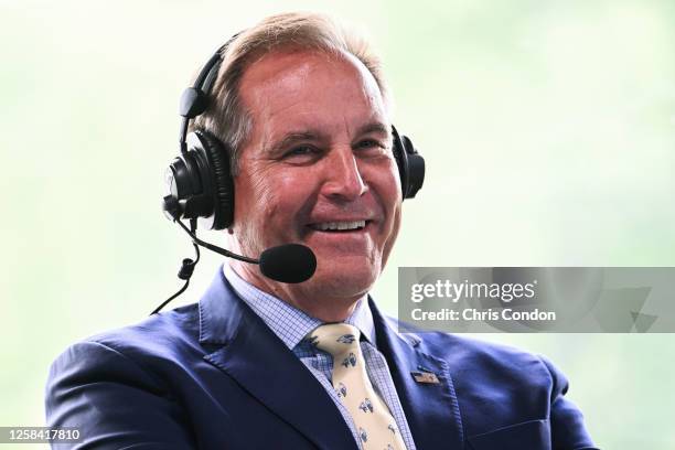 Golf announcer Jim Nantz in the booth during the third round of the the Memorial Tournament presented by Workday at Muirfield Village Golf Club on...