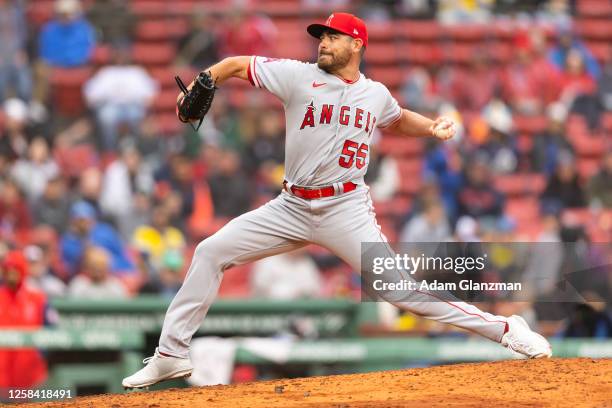 Matt Moore of the Los Angeles Angels pitches during the game between the Los Angeles Angels and the Boston Red Sox at Fenway Park on Monday, April...
