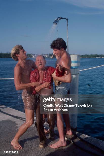 San Francisco, CA Brian Kerwin, Burgess Meredith, Thomas Byrd appearing in the ABC tv movie ''Wet Gold'.